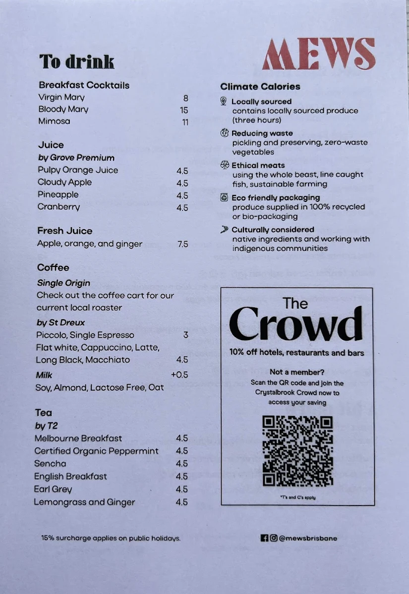 Menu, Mews