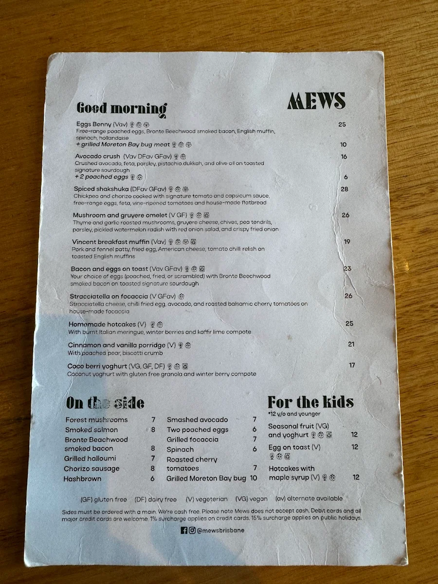 Menu, Mews