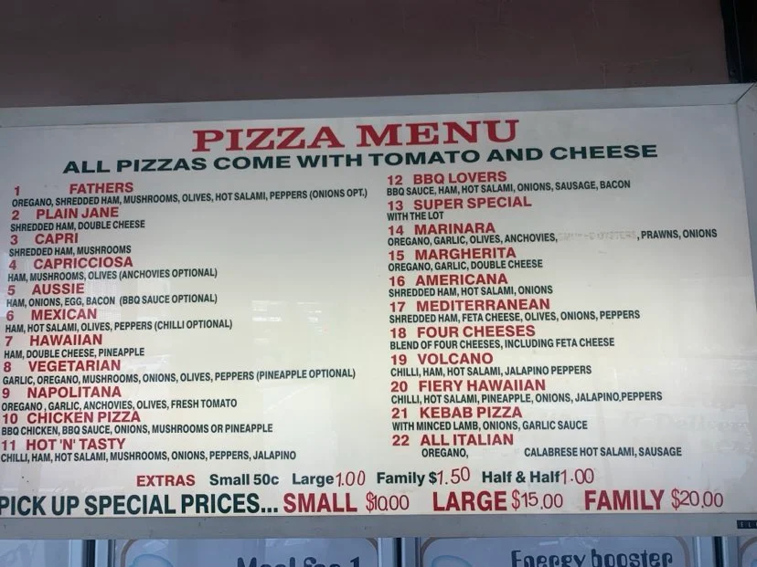 Menu, Fathers Pizza