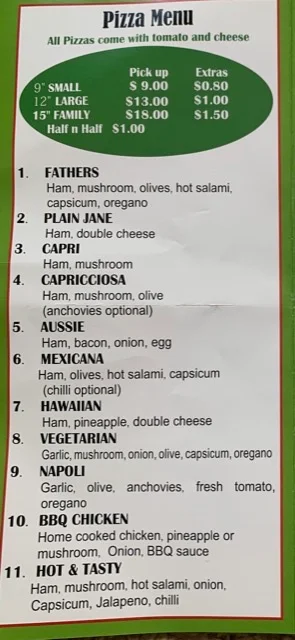Menu, Fathers Pizza