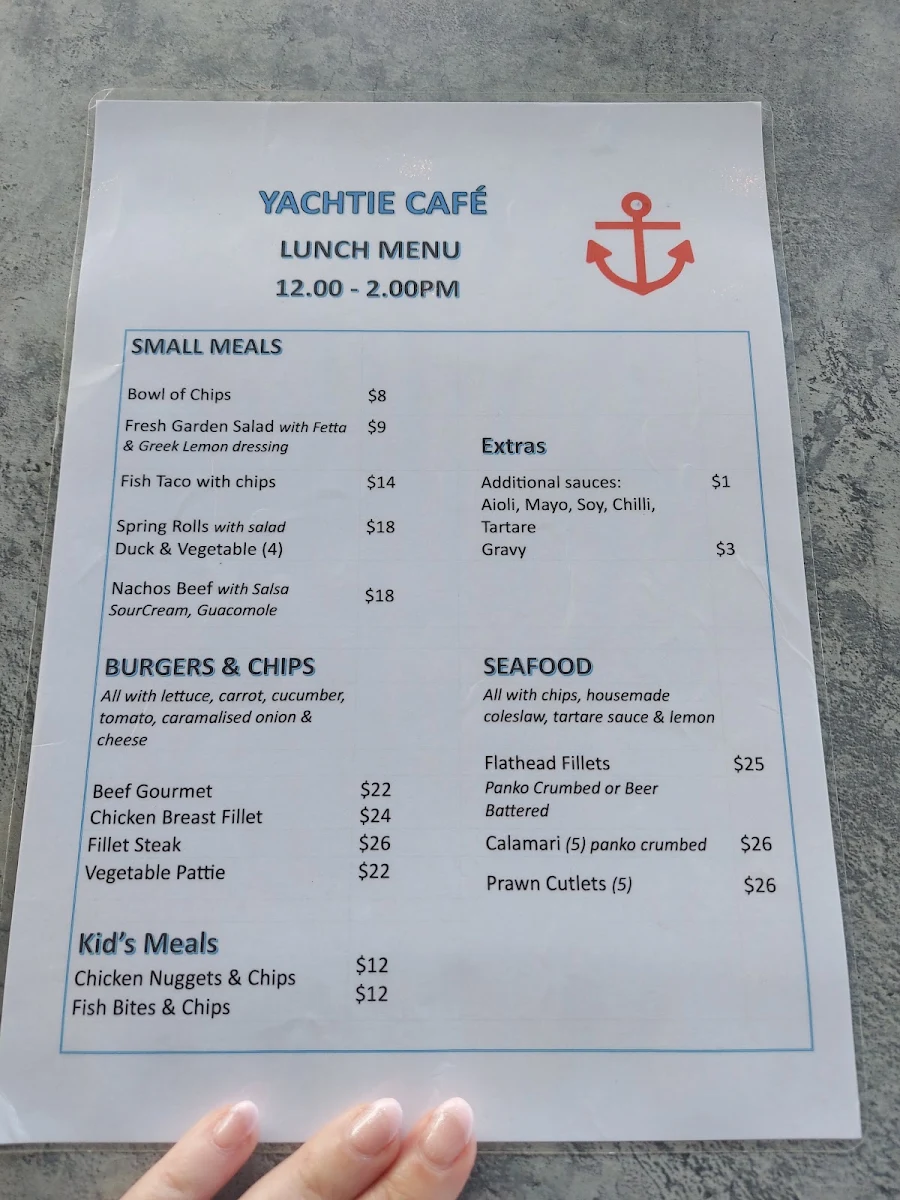 Menu, Yachtie Bar & Cafe