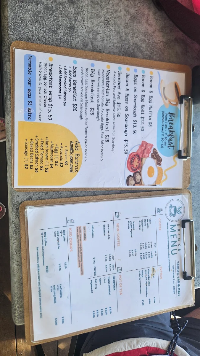 Menu, Yachtie Bar & Cafe