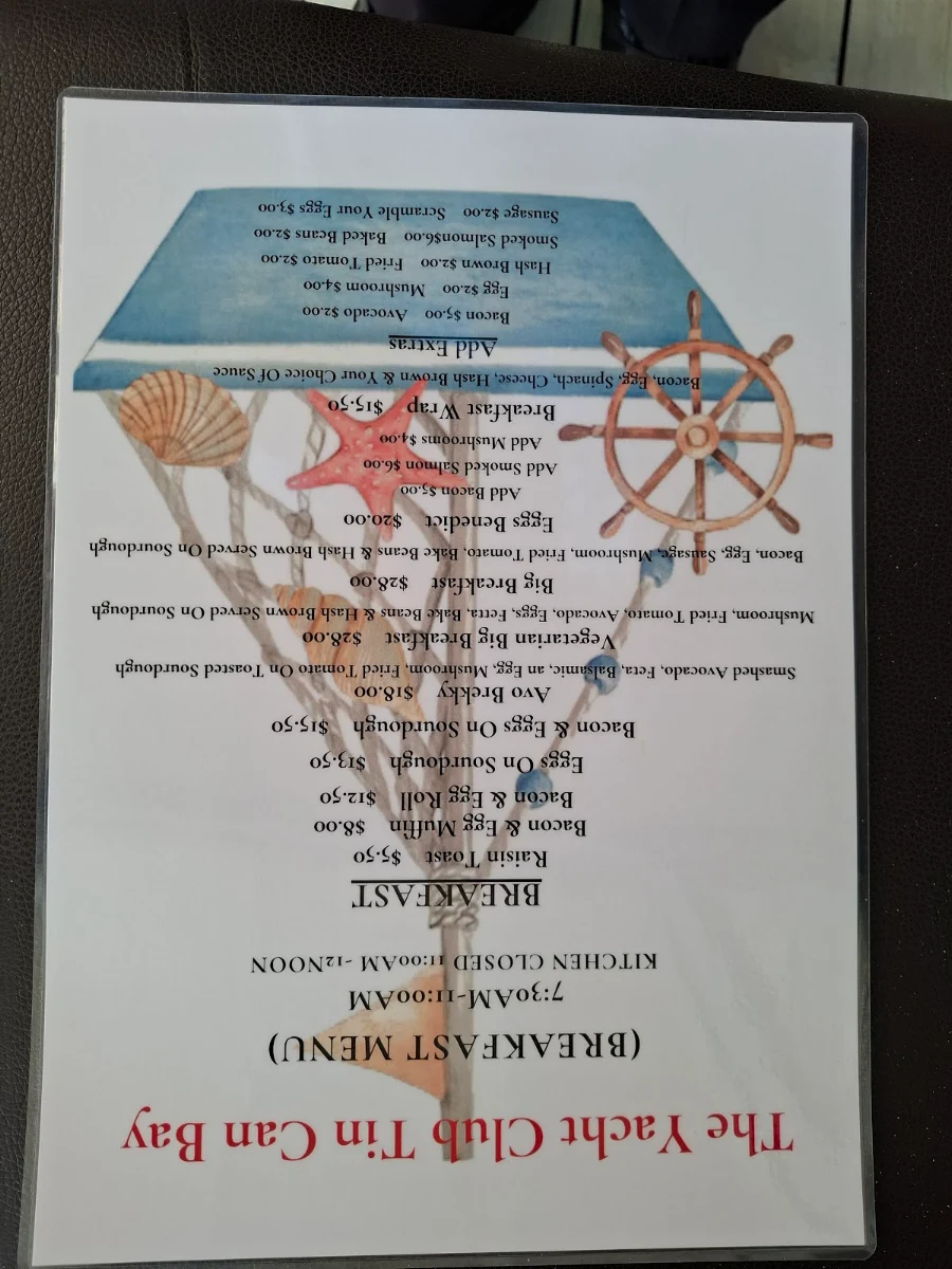 Menu, Yachtie Bar & Cafe