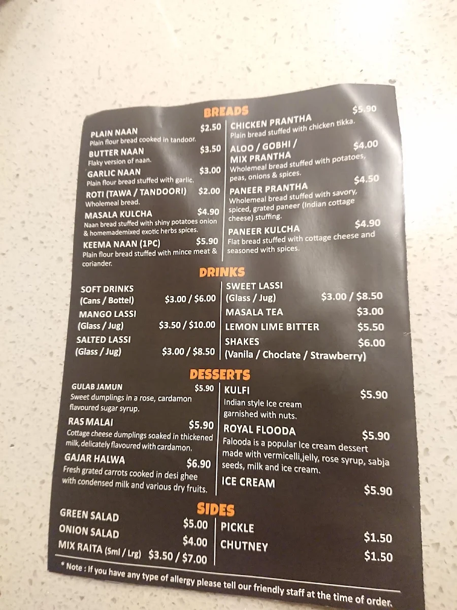 Menu, Indioz Kulcha and Thali Junction