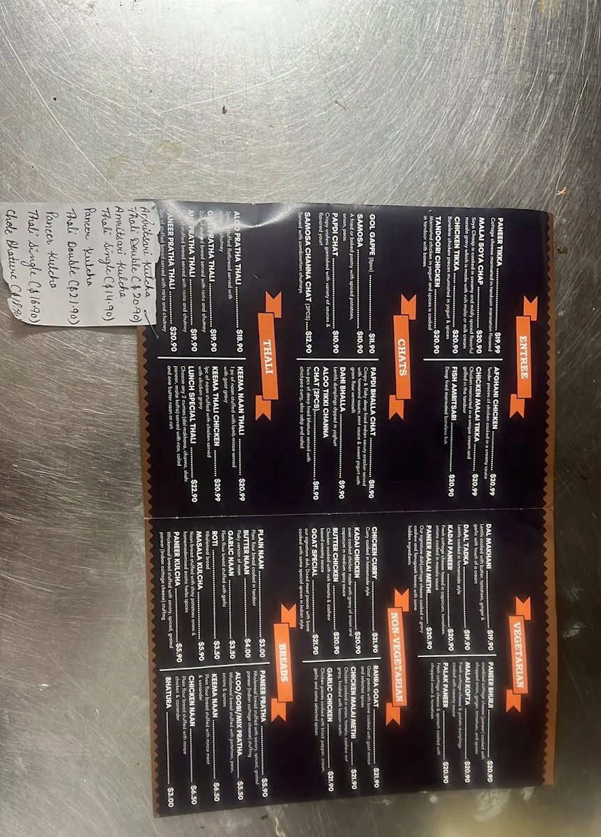 Menu, Indioz Kulcha and Thali Junction