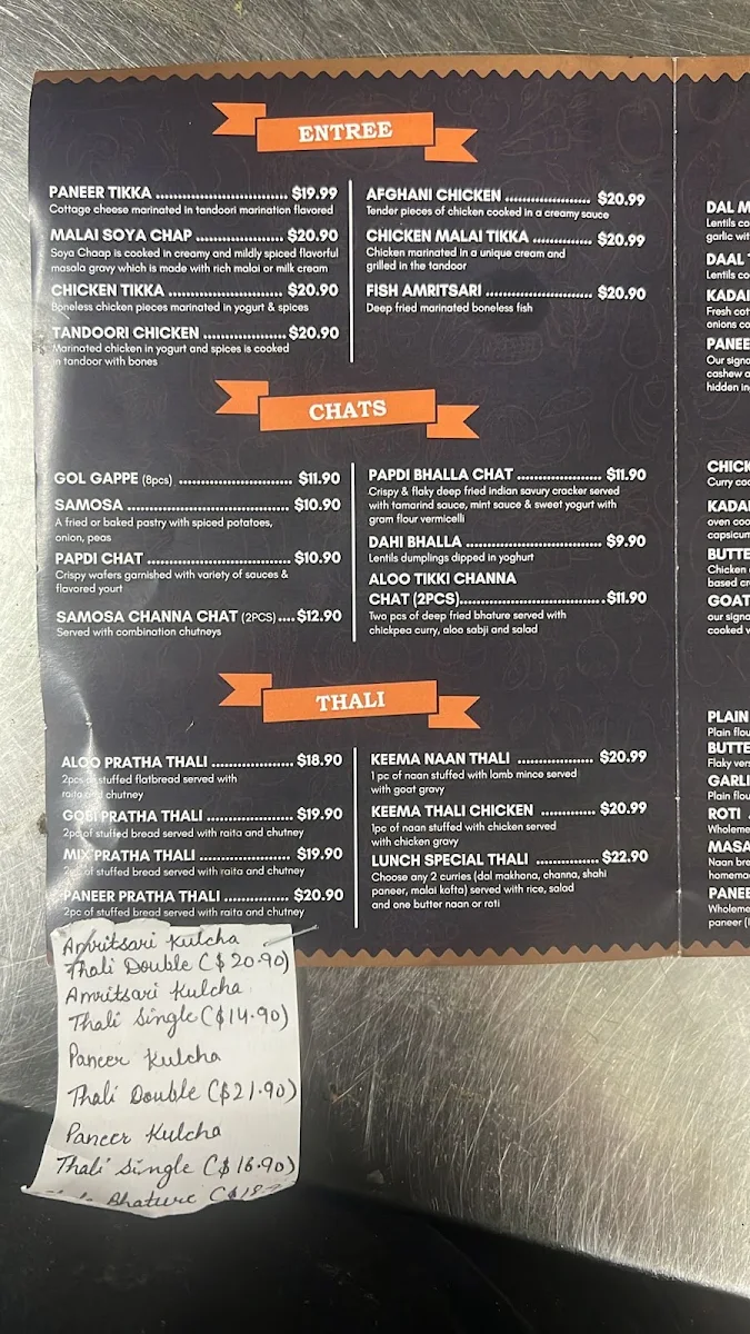 Menu, Indioz Kulcha and Thali Junction
