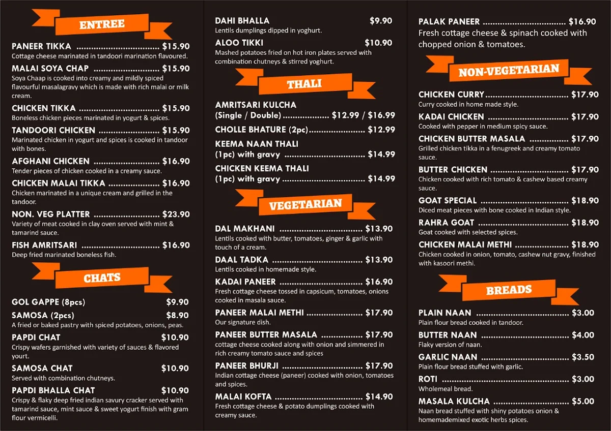 Menu, Indioz Kulcha and Thali Junction