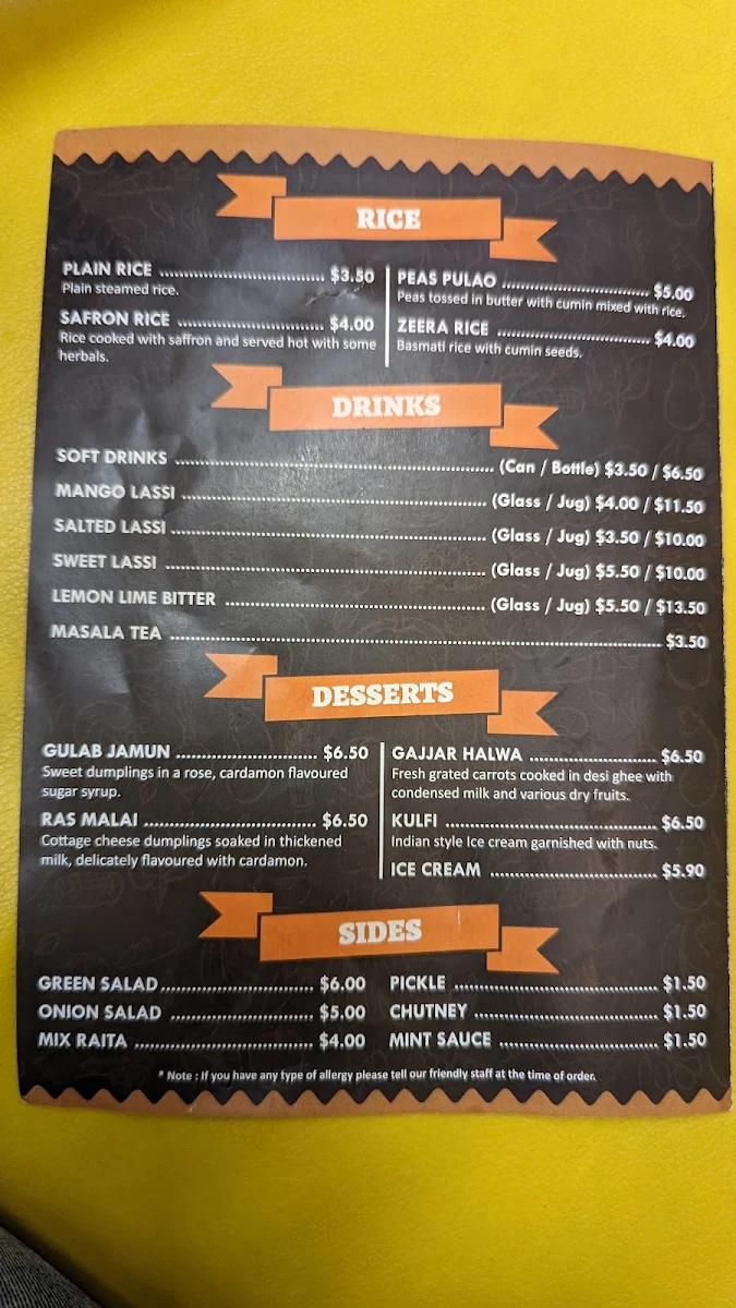 Menu, Indioz Kulcha and Thali Junction