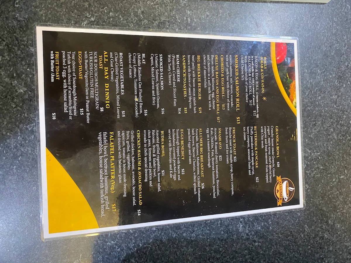 Menu, Allumer coffee & eatery