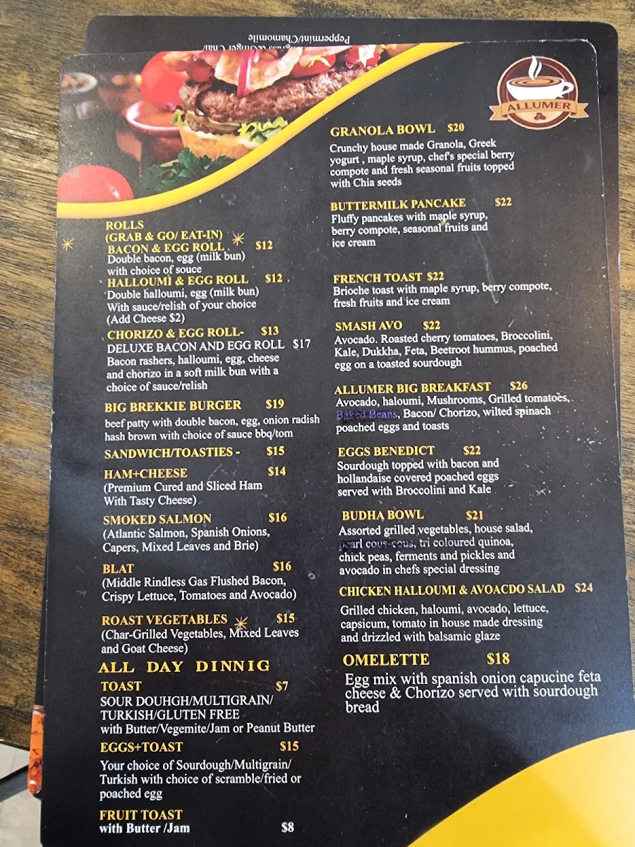 Menu, Allumer coffee & eatery