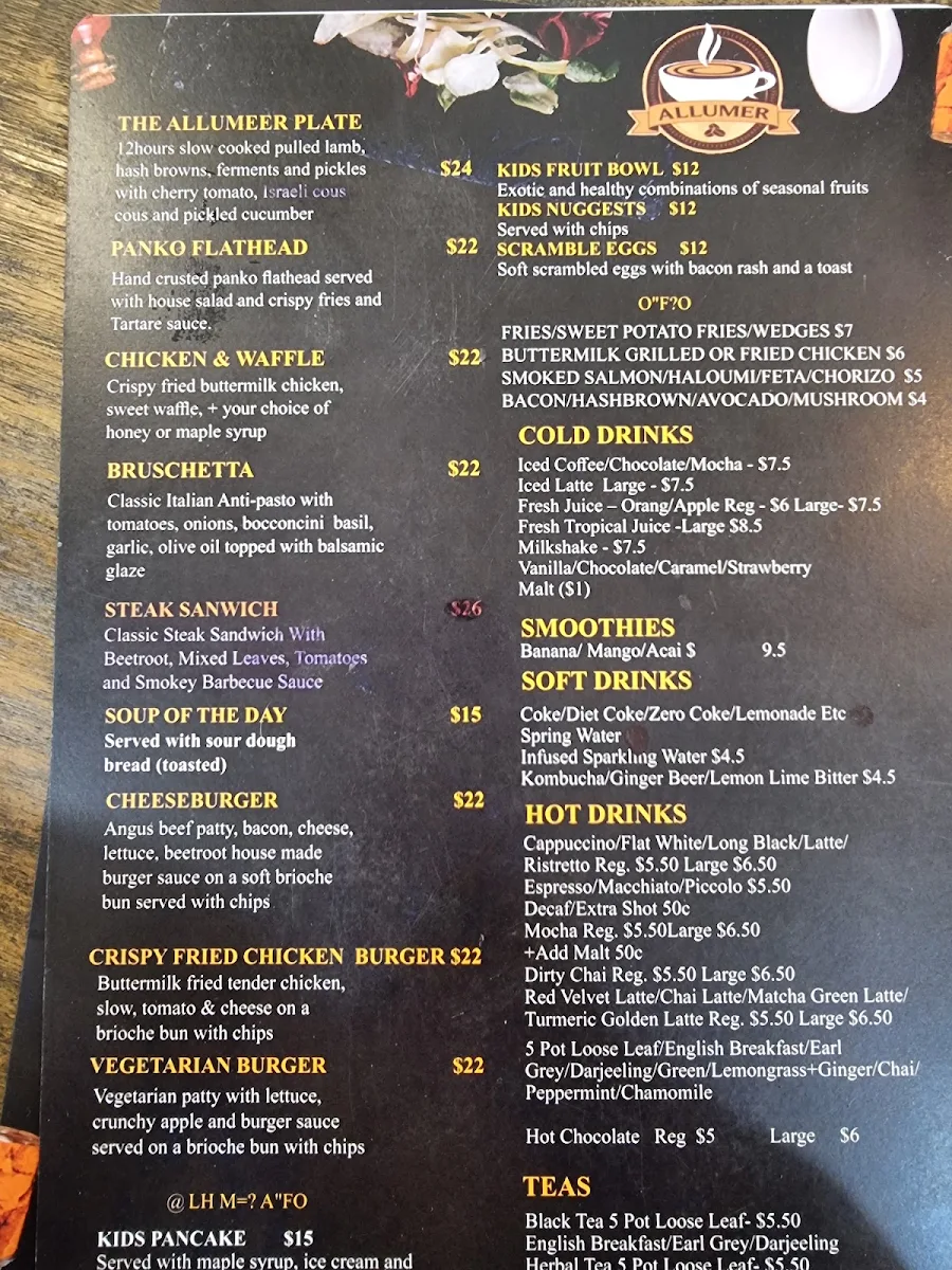 Menu, Allumer coffee & eatery