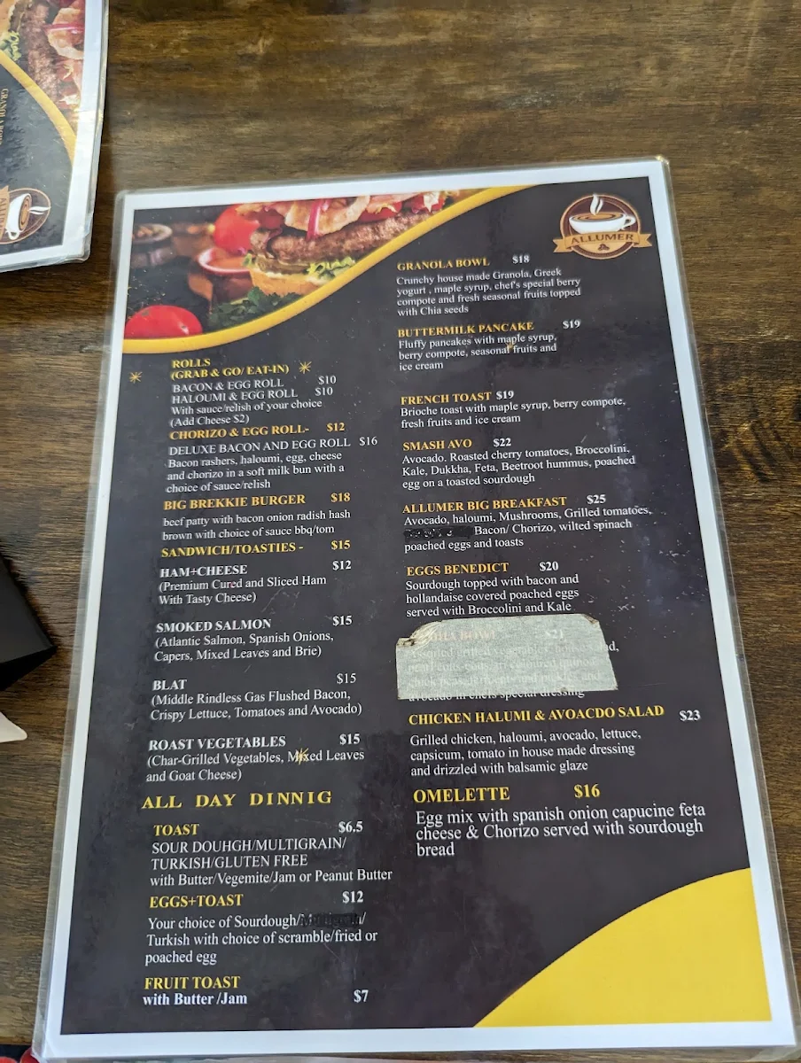 Menu, Allumer coffee & eatery