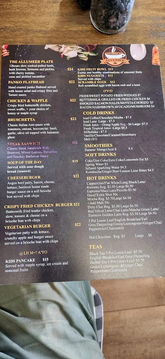Menu, Allumer coffee & eatery