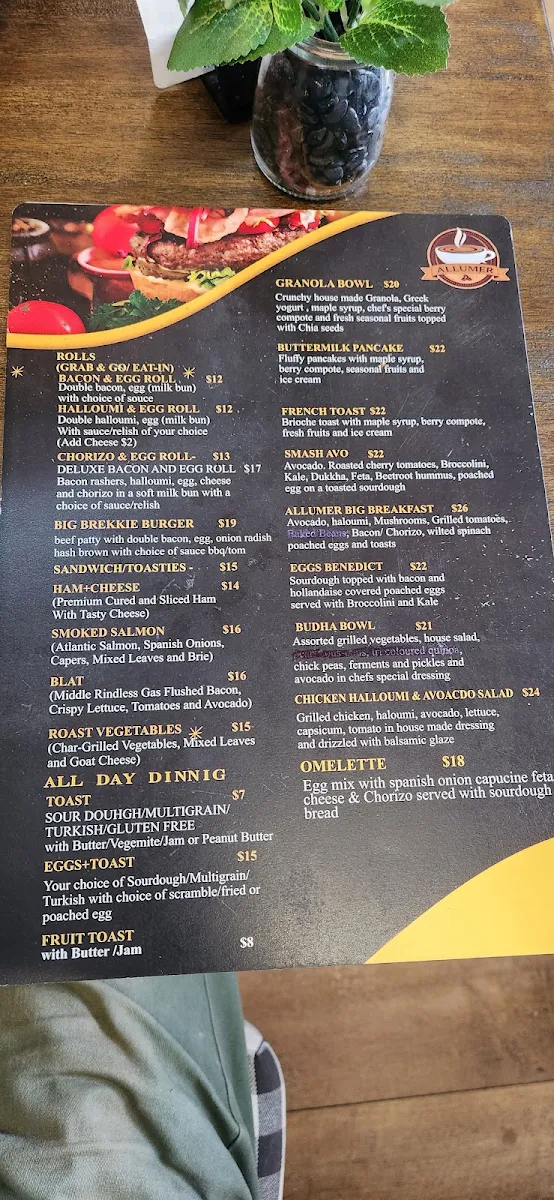 Menu, Allumer coffee & eatery