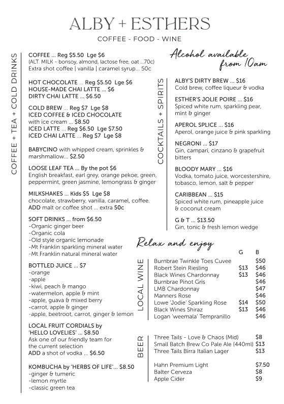 Menu, Alby & Esthers