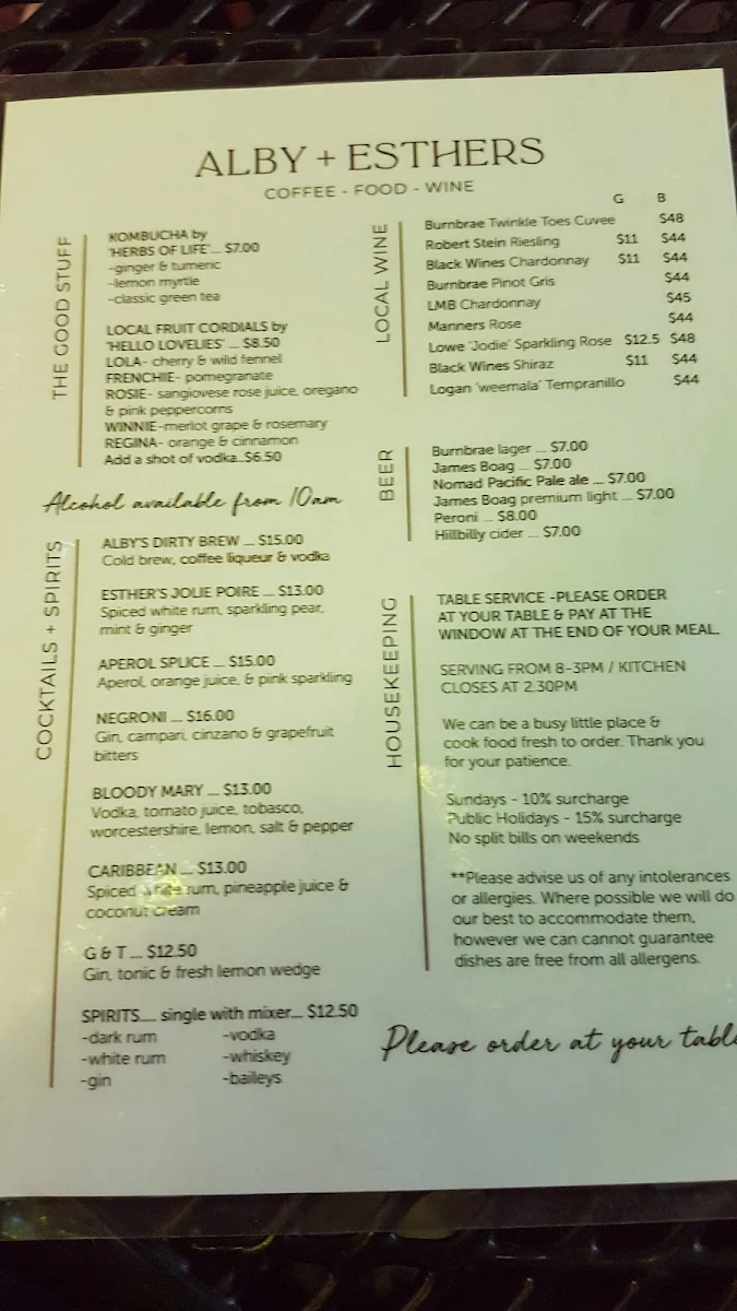 Menu, Alby & Esthers