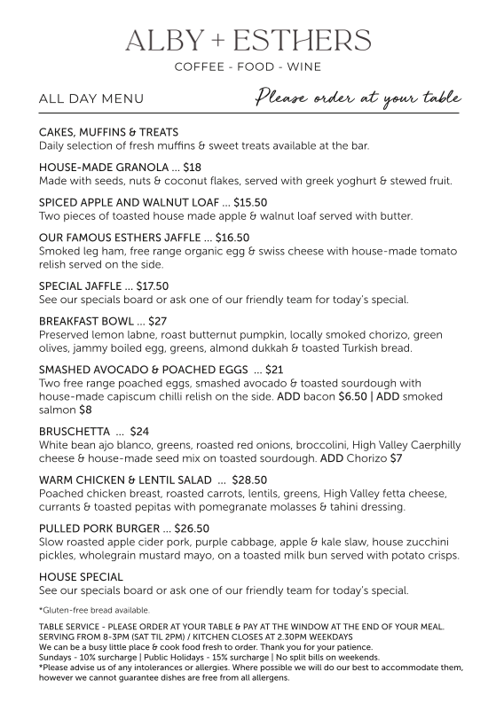 Menu, Alby & Esthers