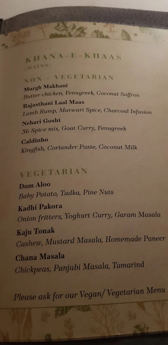 Menu, Lavendra Indian