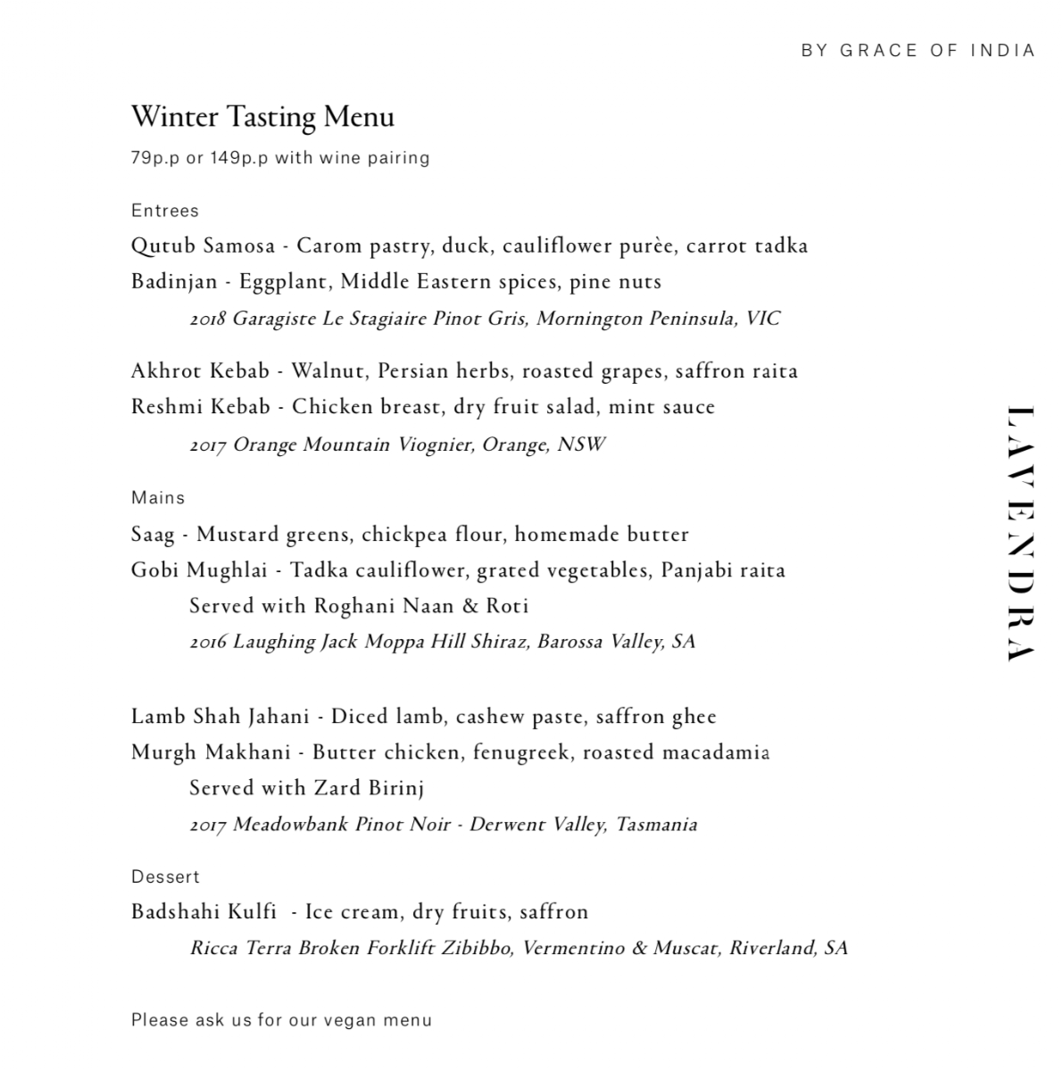 Menu, Lavendra Indian