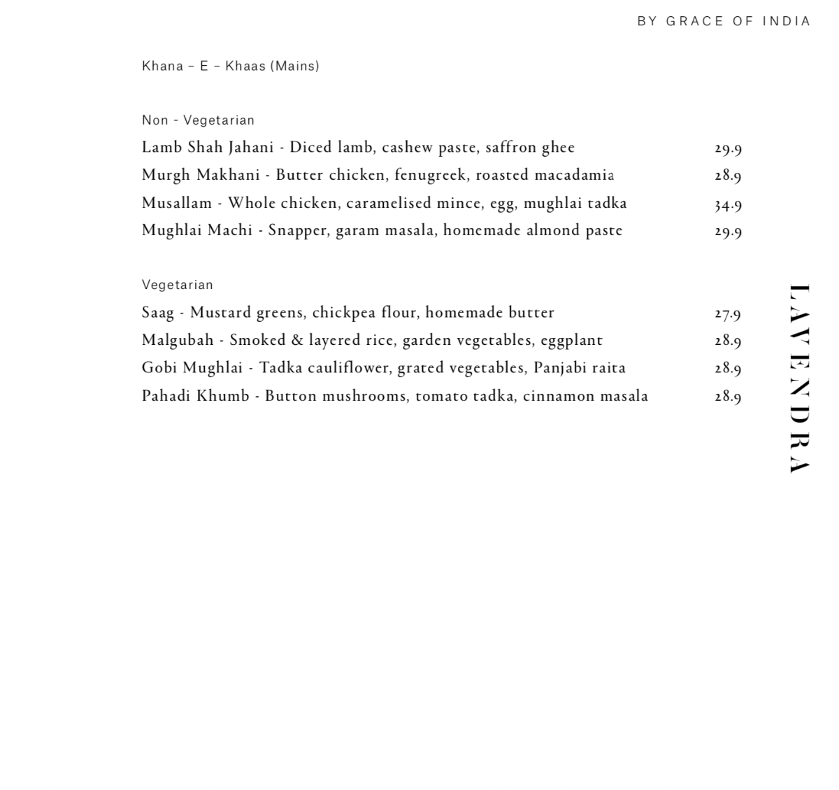 Menu, Lavendra Indian