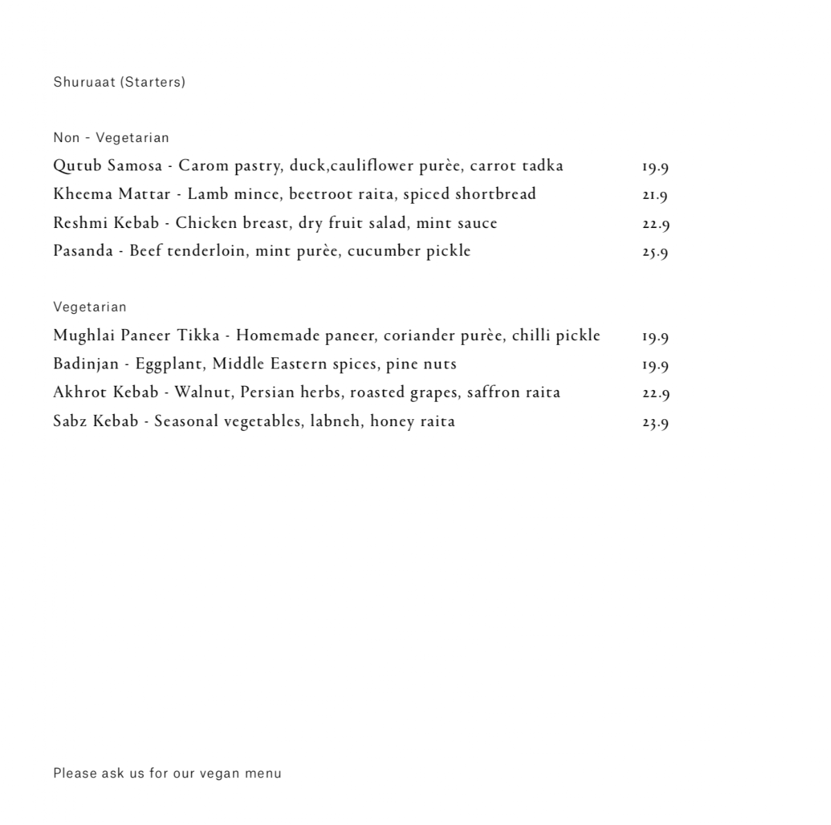 Menu, Lavendra Indian