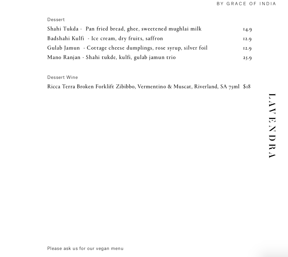 Menu, Lavendra Indian