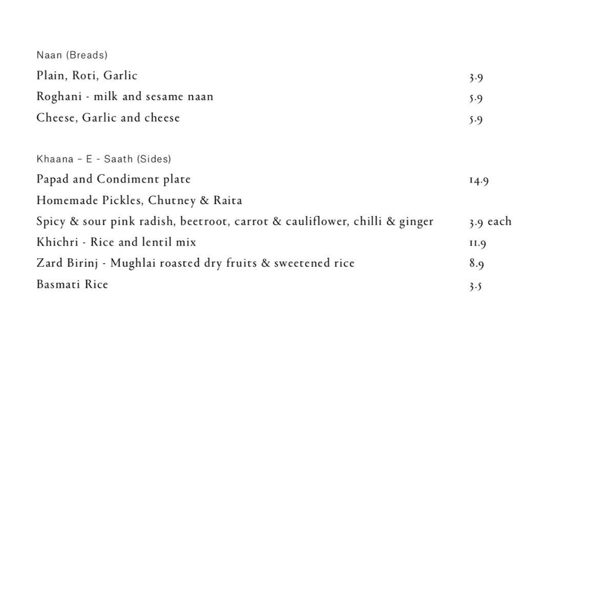 Menu, Lavendra Indian