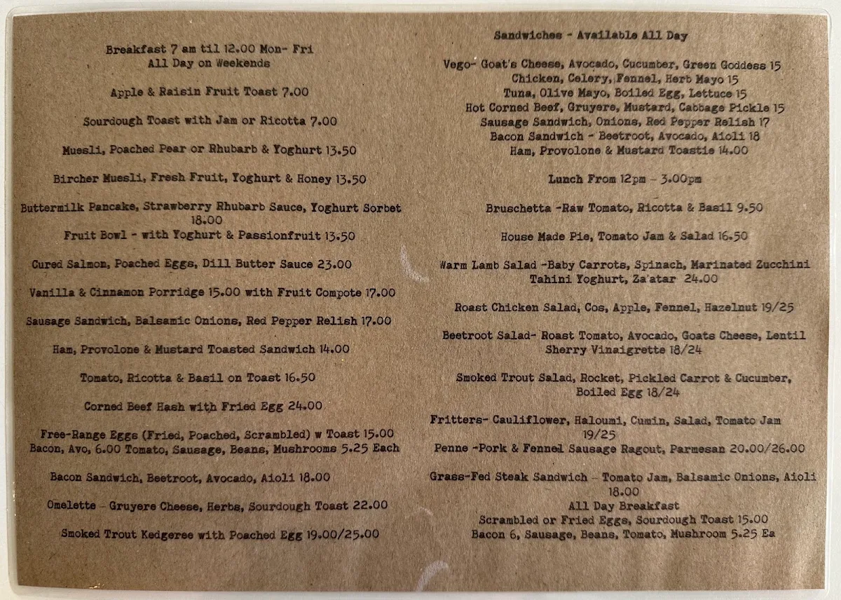 Menu, Zinc Cafe