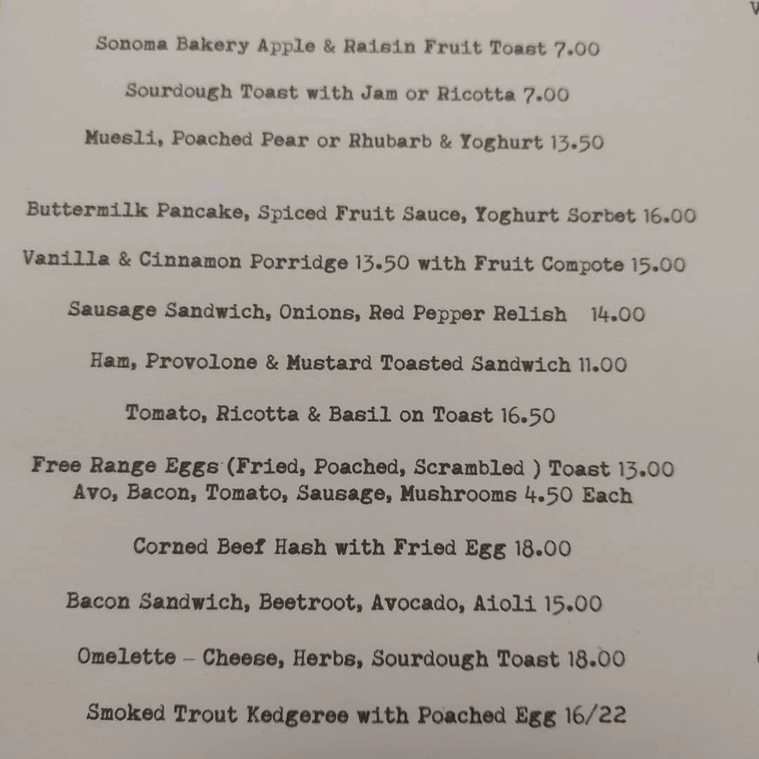 Menu, Zinc Cafe