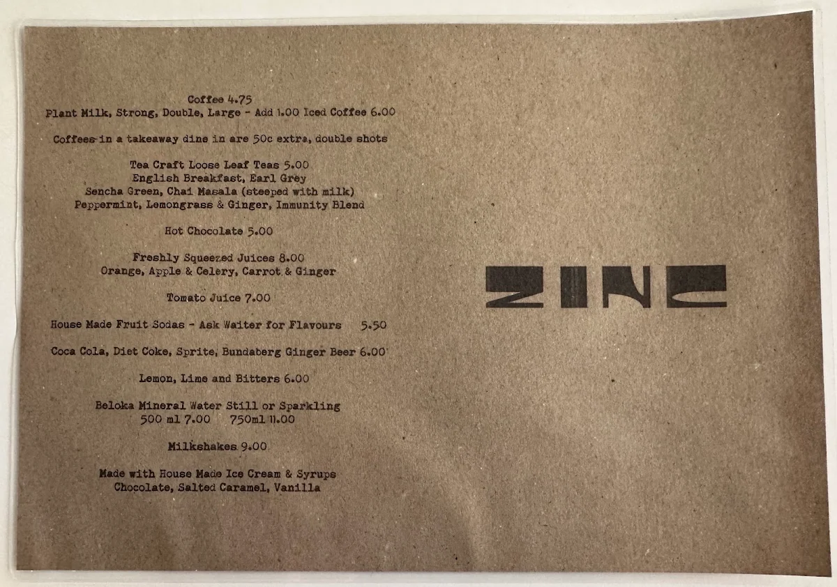 Menu, Zinc Cafe