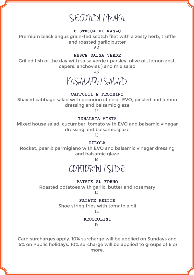 Menu, Vino e Cucina Italian Restaurant Sydney