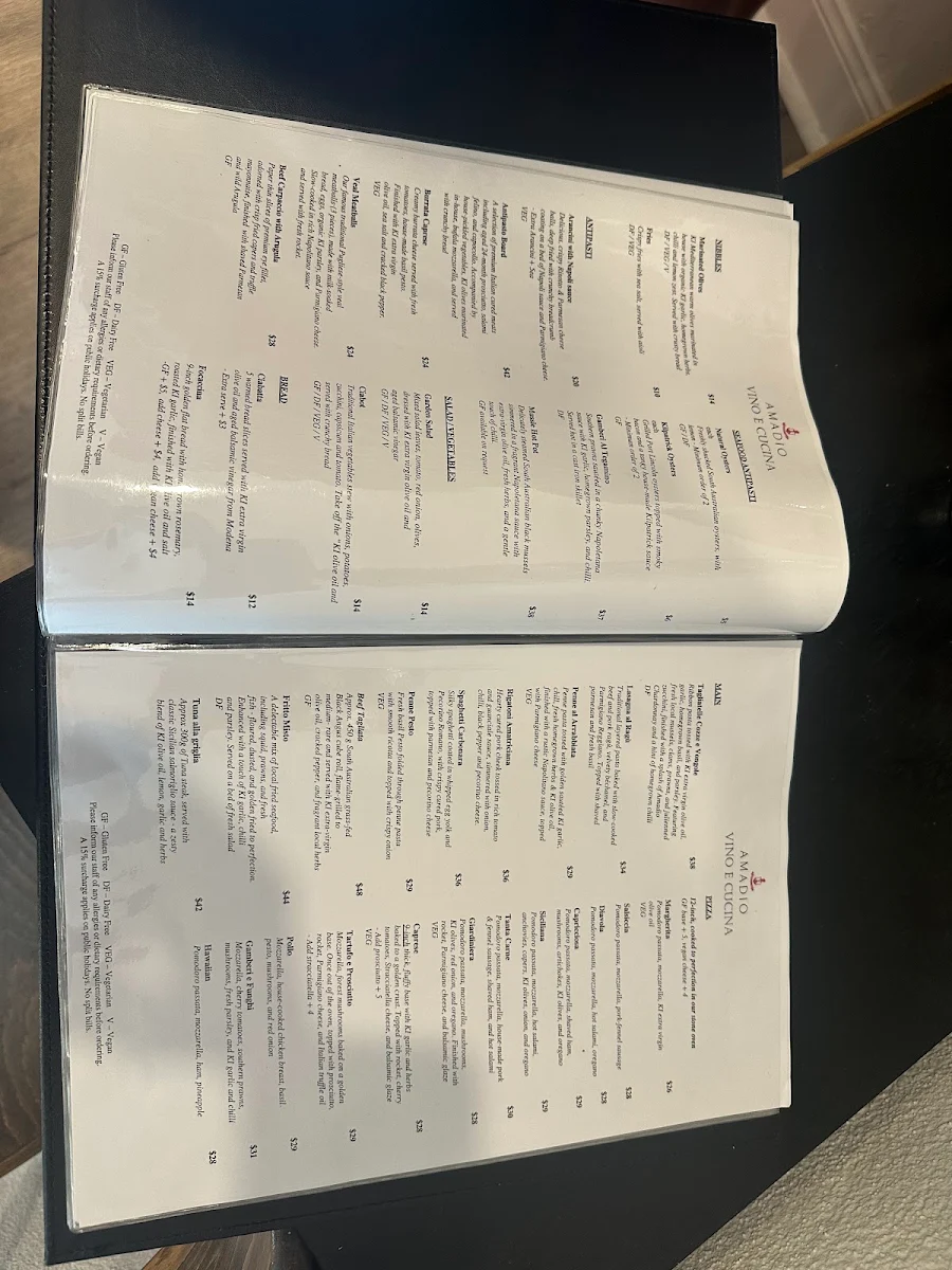 Menu, Vino e Cucina Italian Restaurant Sydney