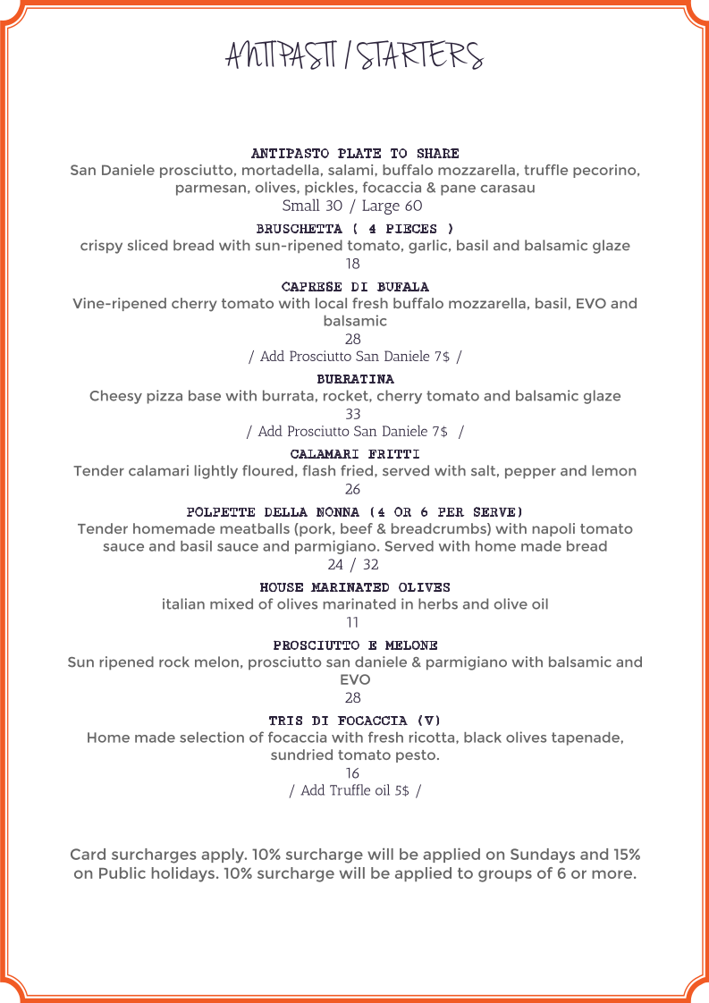 Menu, Vino e Cucina Italian Restaurant Sydney
