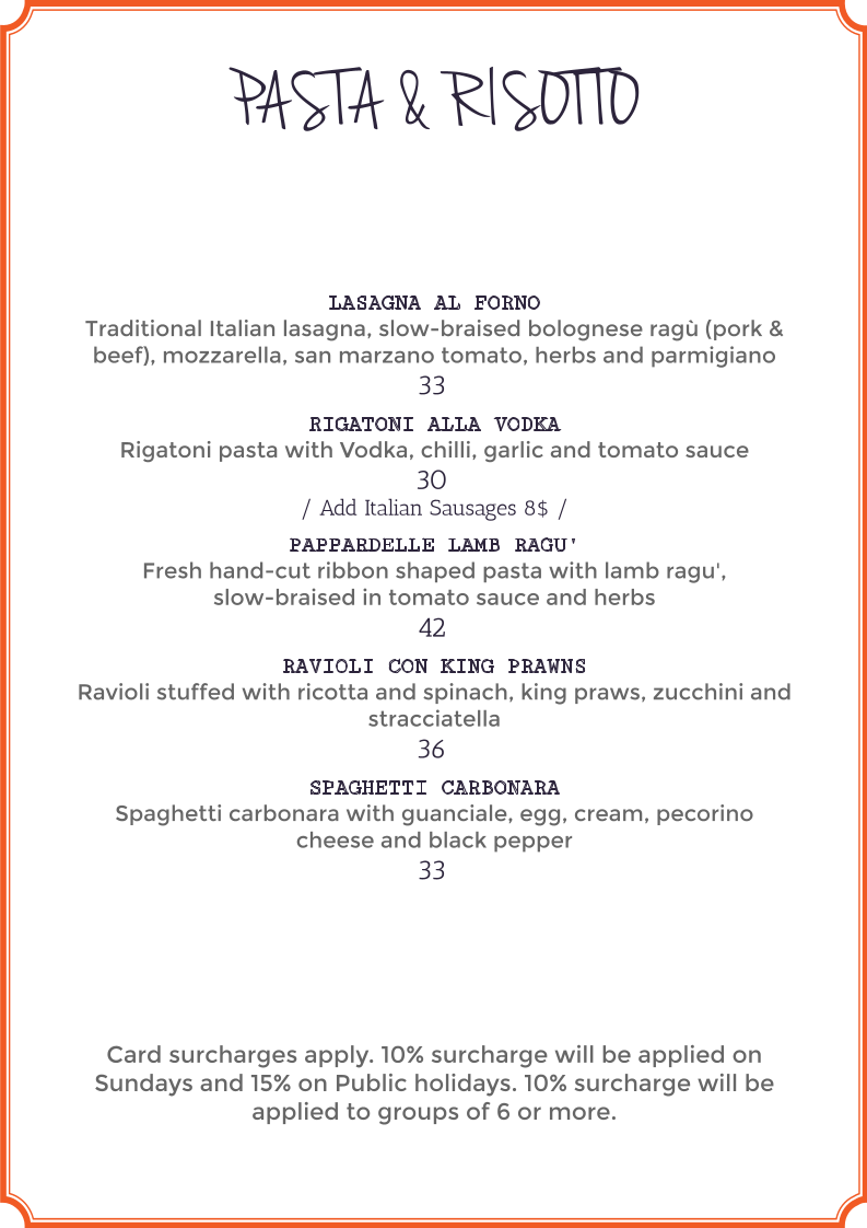 Menu, Vino e Cucina Italian Restaurant Sydney