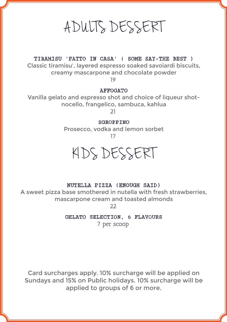 Menu, Vino e Cucina Italian Restaurant Sydney