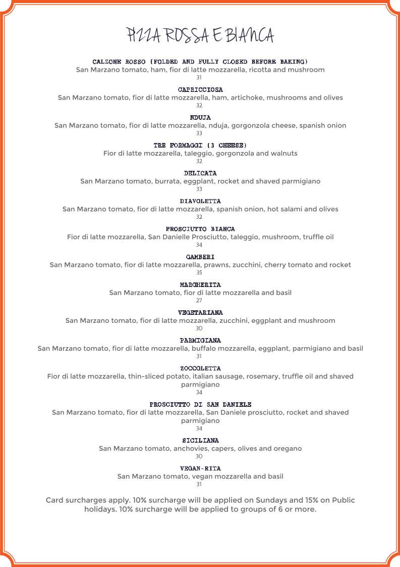 Menu, Vino e Cucina Italian Restaurant Sydney