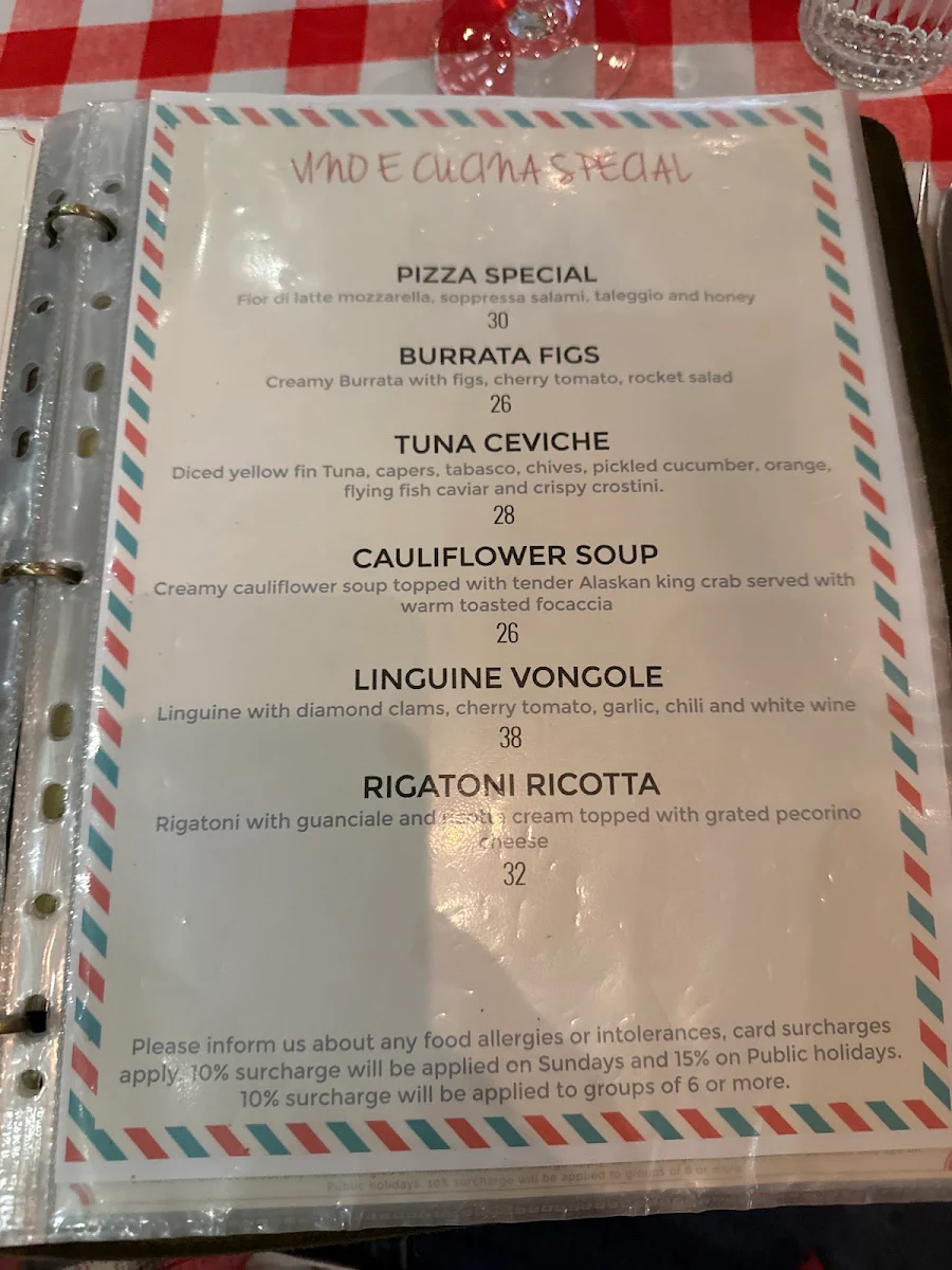Menu, Vino e Cucina Italian Restaurant Sydney