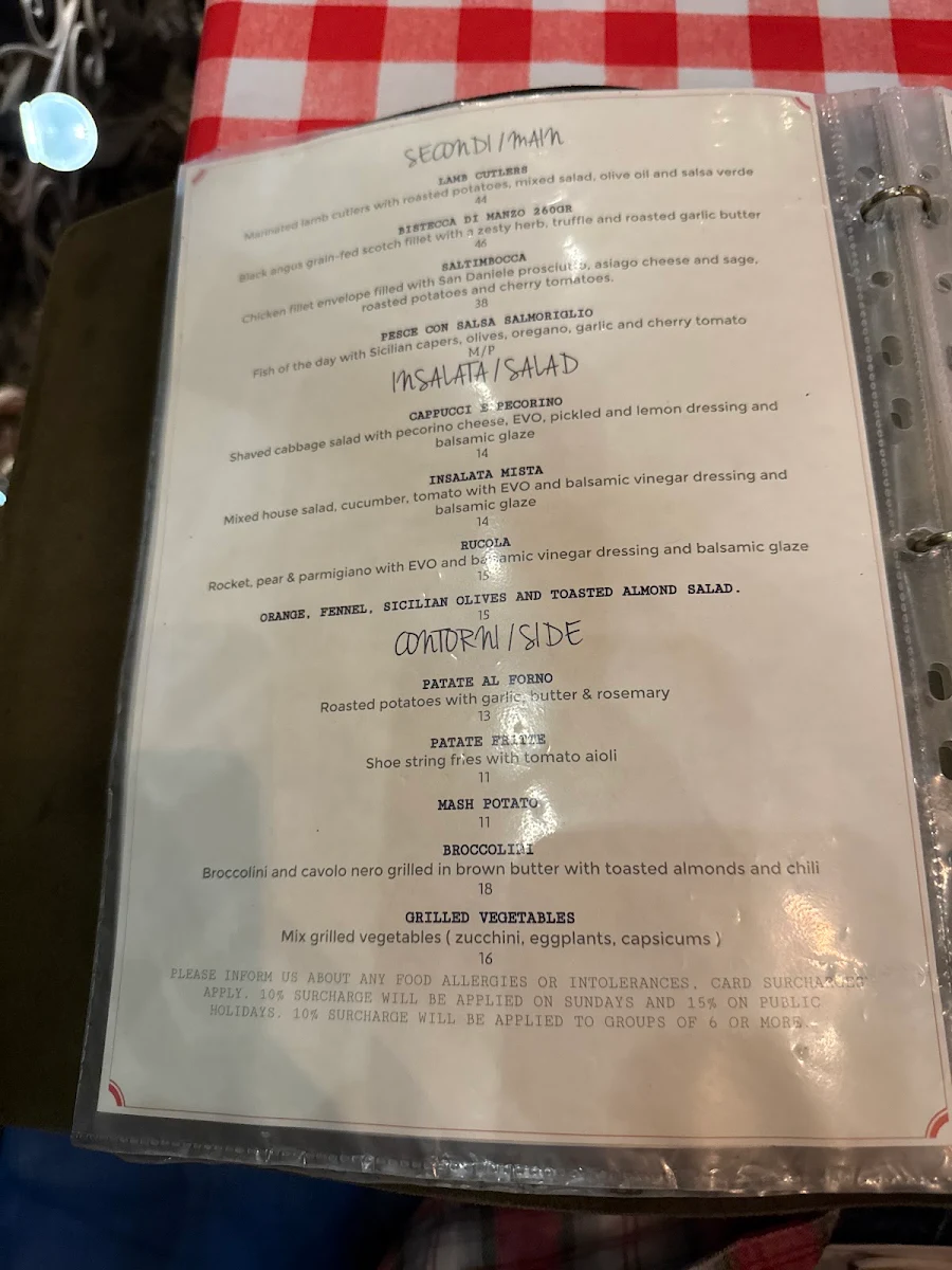 Menu, Vino e Cucina Italian Restaurant Sydney