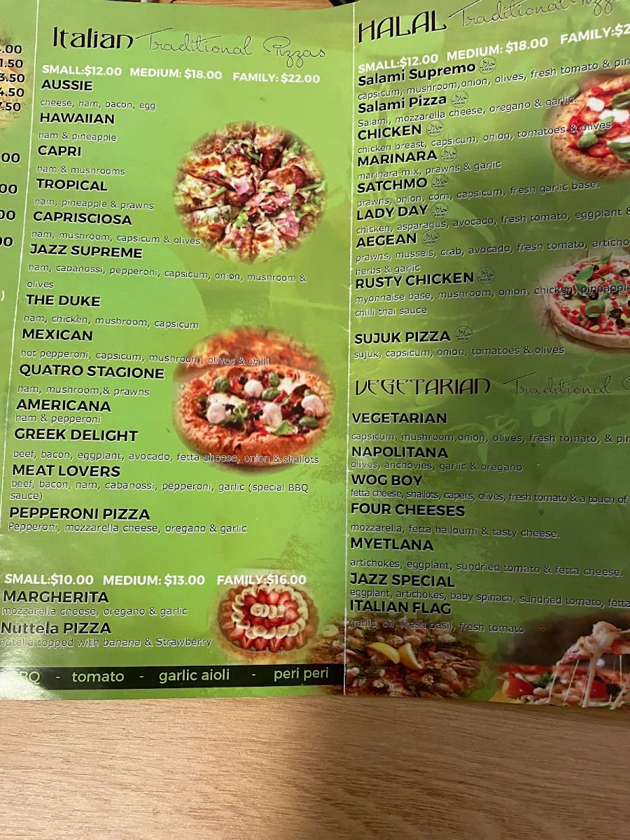 Menu, Jazz Pizza Condell Park