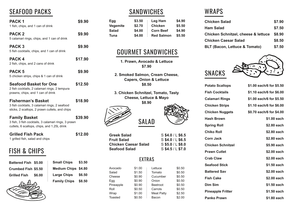 Menu, Lakeside Seafood Takeaway