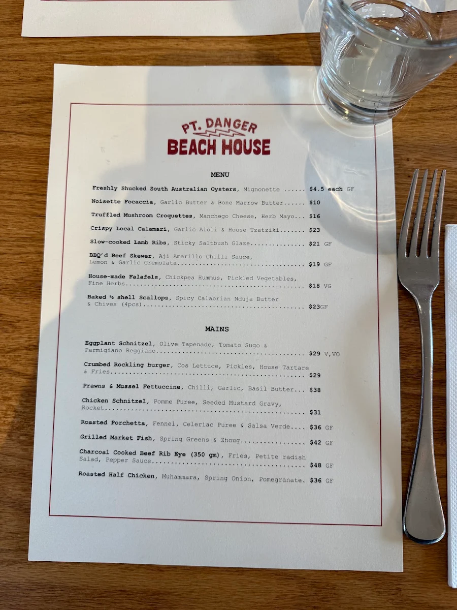Menu, Pt Danger Beach House