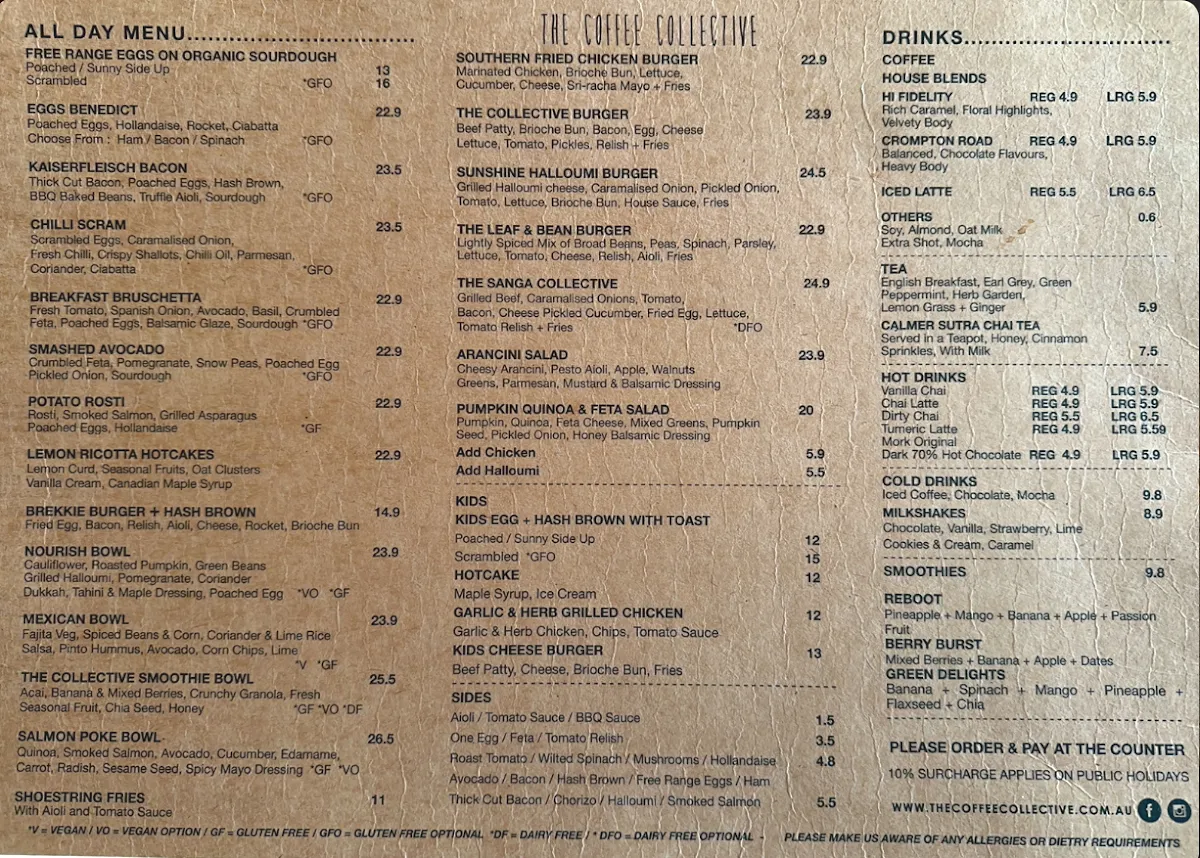 Menu, The Coffee Collective