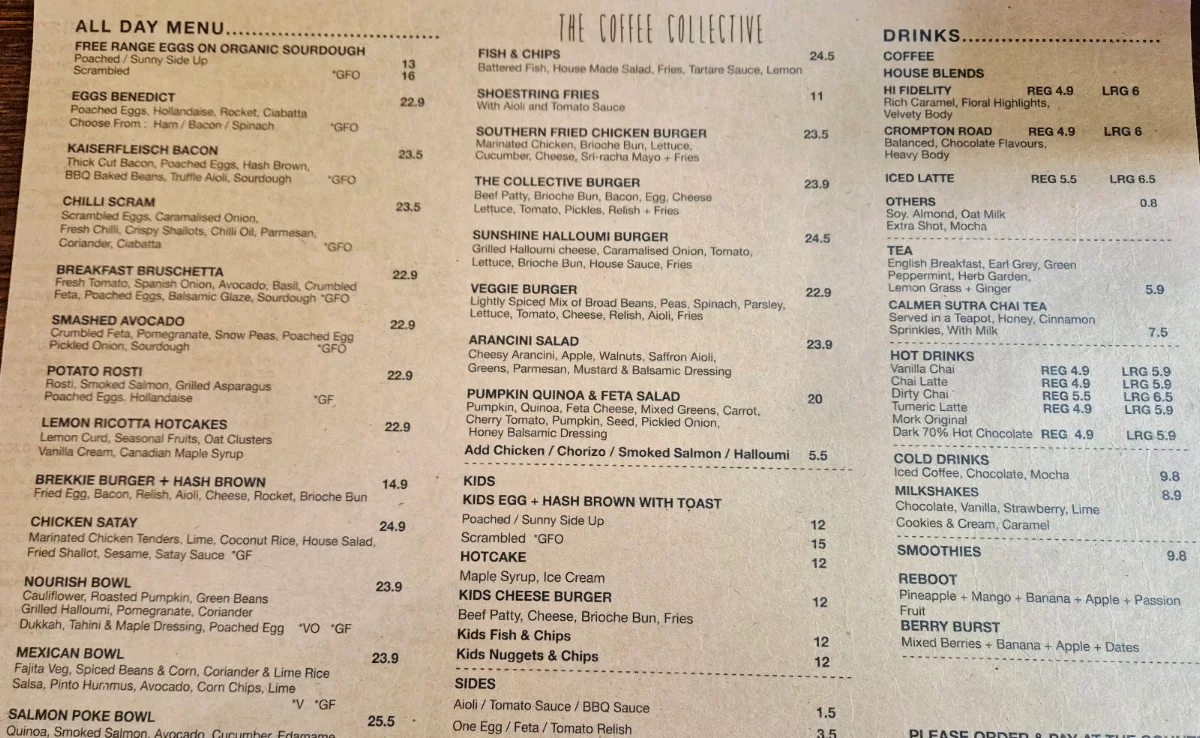 Menu, The Coffee Collective