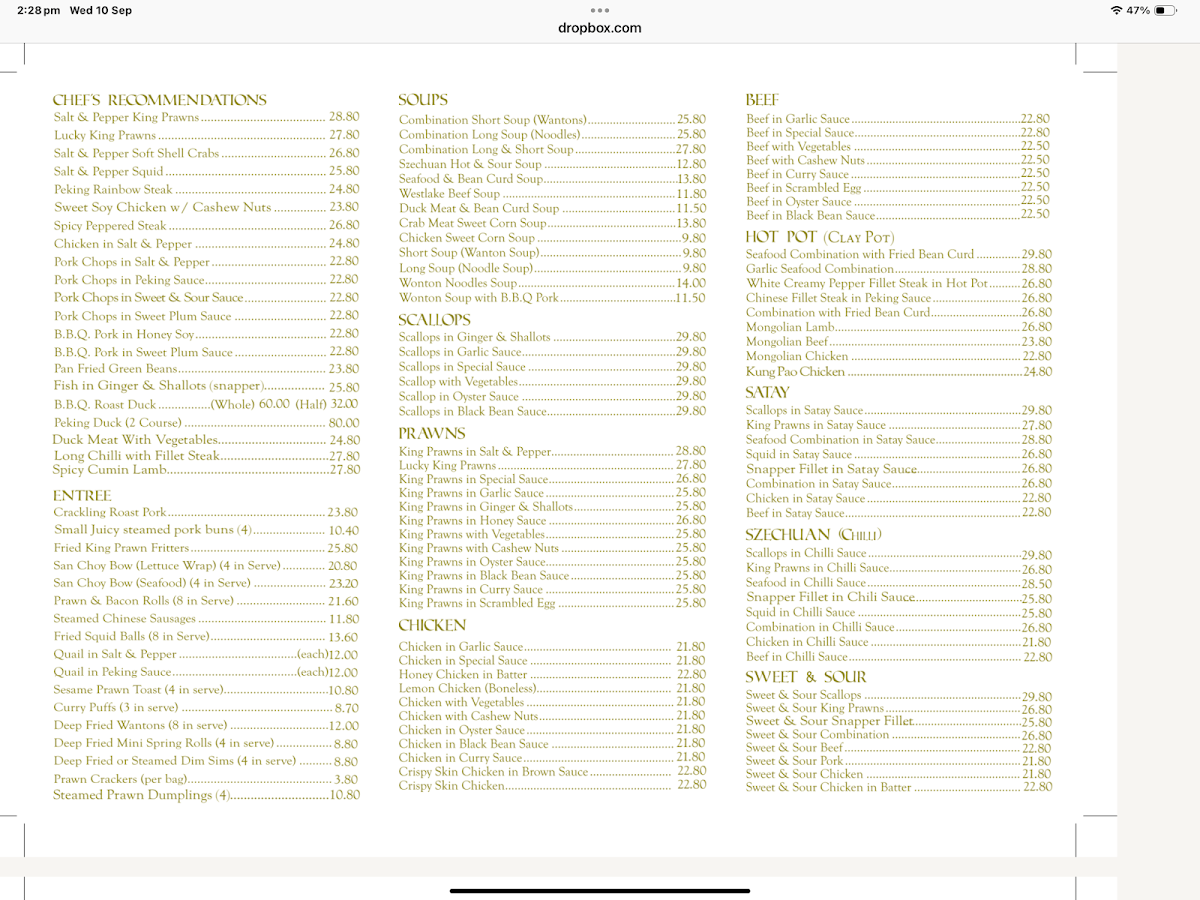 Menu, Peking Duck Chinese Restaurant