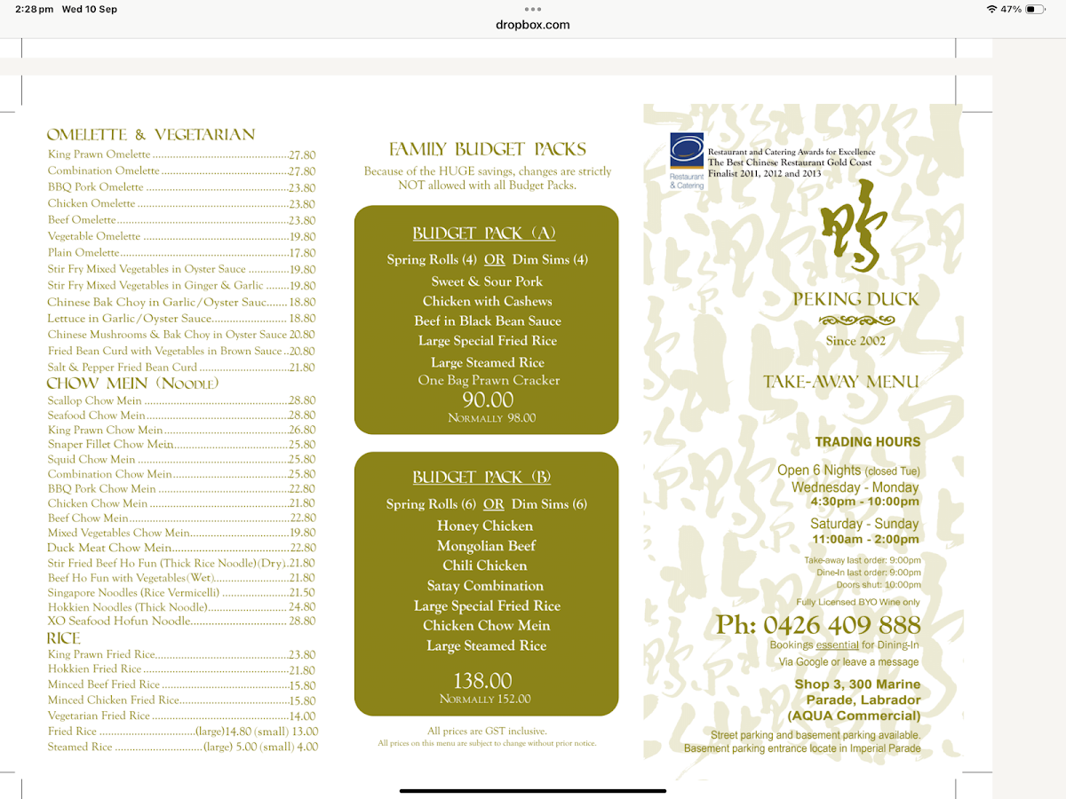 Menu, Peking Duck Chinese Restaurant