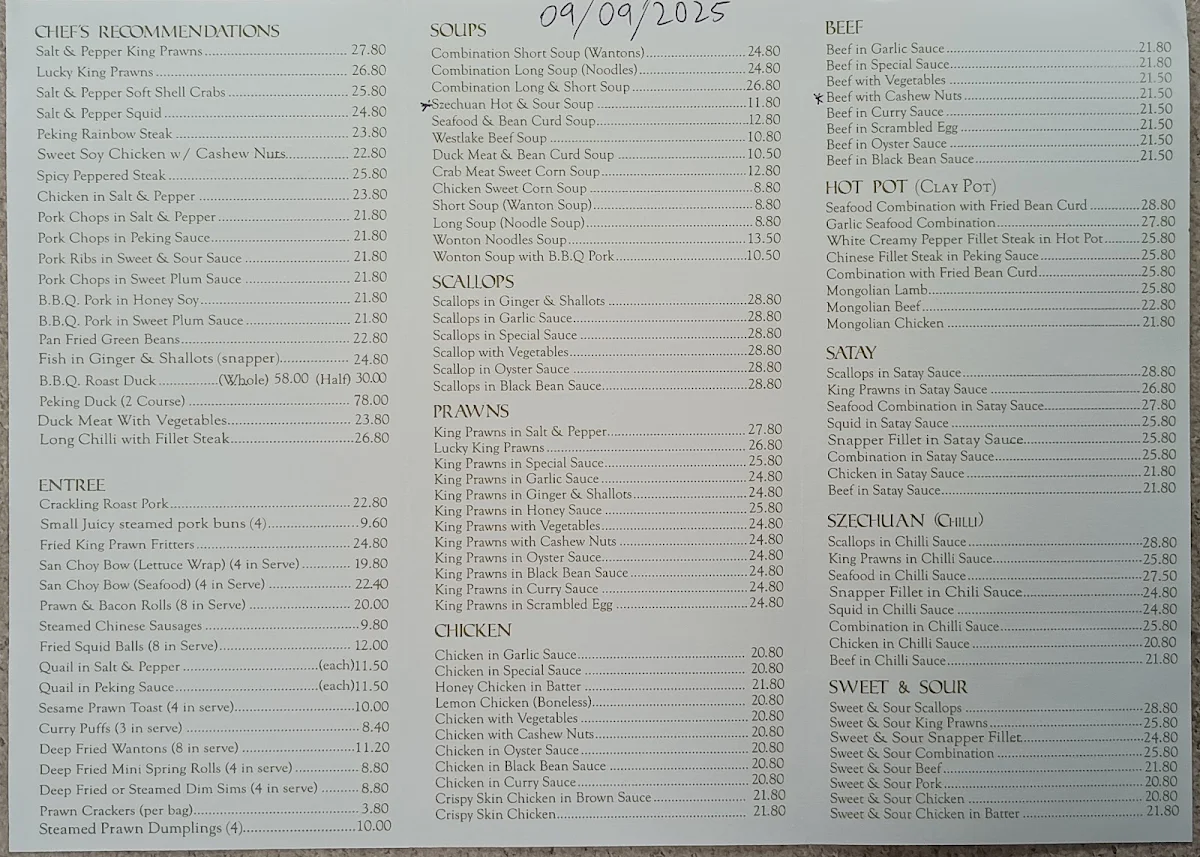 Menu, Peking Duck Chinese Restaurant