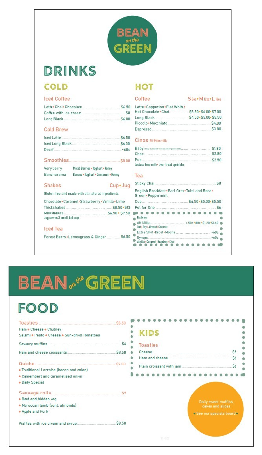 Menu, Bean on the Green