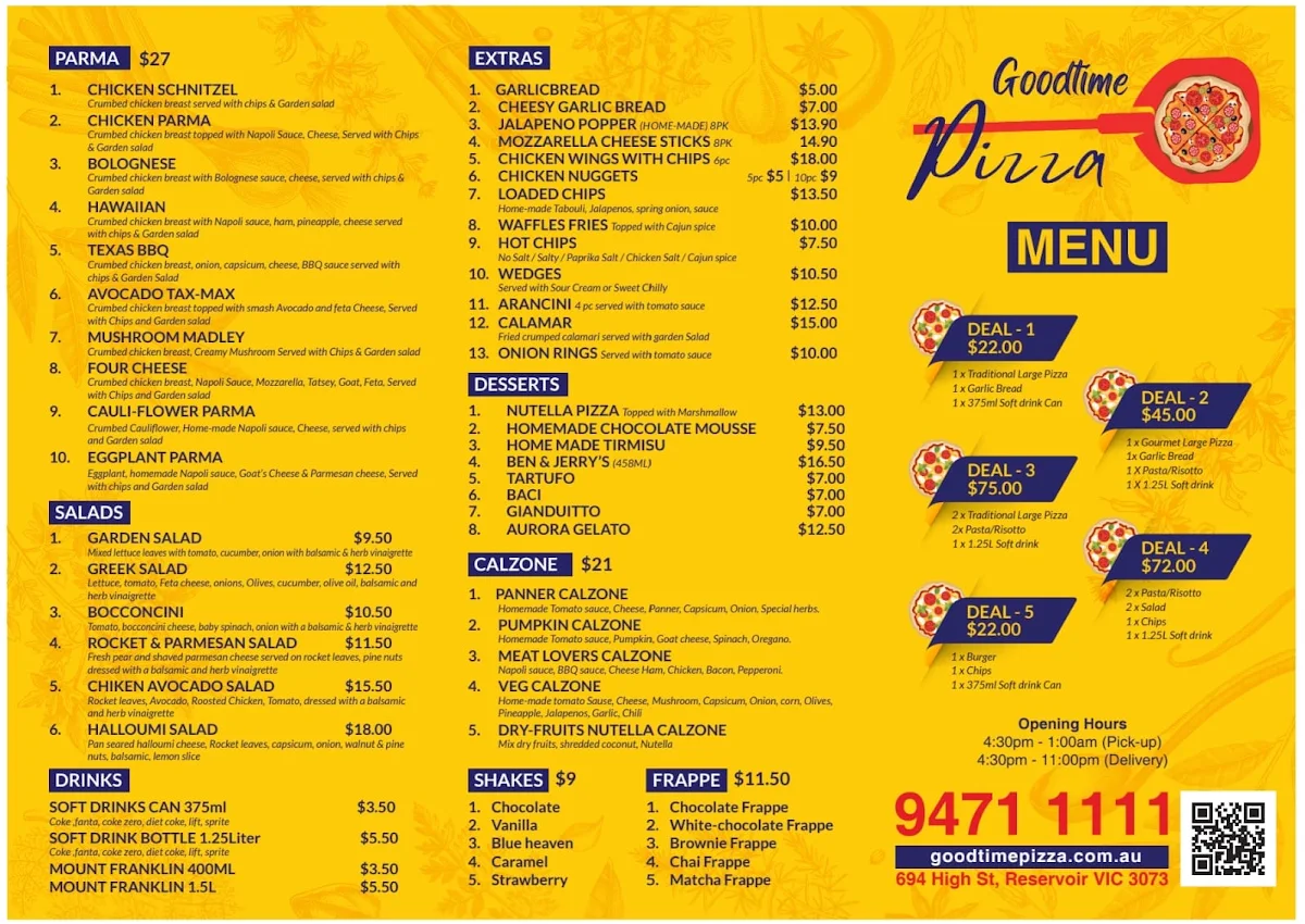 Menu, Good time Pizza