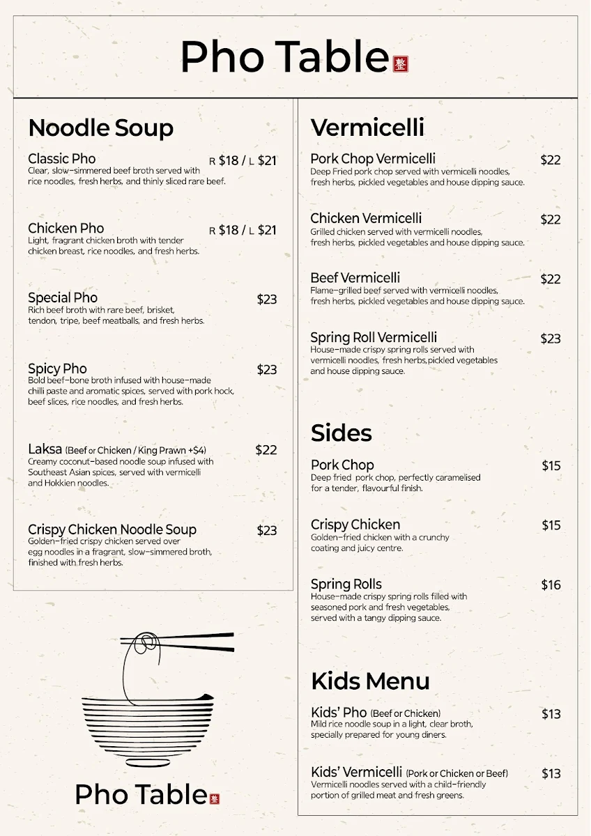 Menu, Pho Table