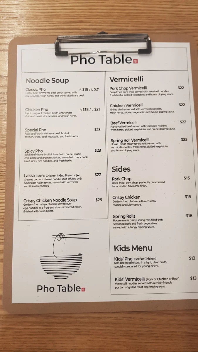 Menu, Pho Table